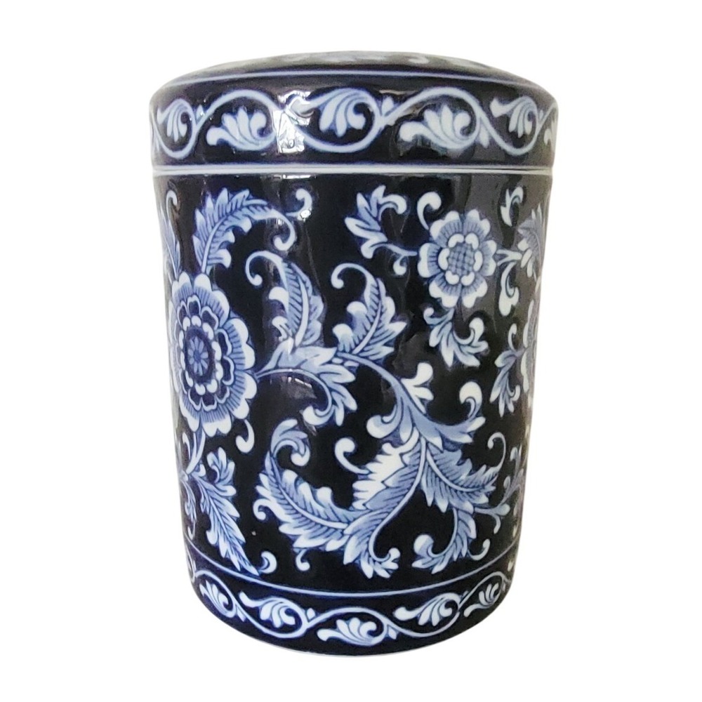 Pier 1 Mandarin Lidded Canister Jar 7.5" Cobalt Blue & White Vintage Heavy - Picture 3 of 11
